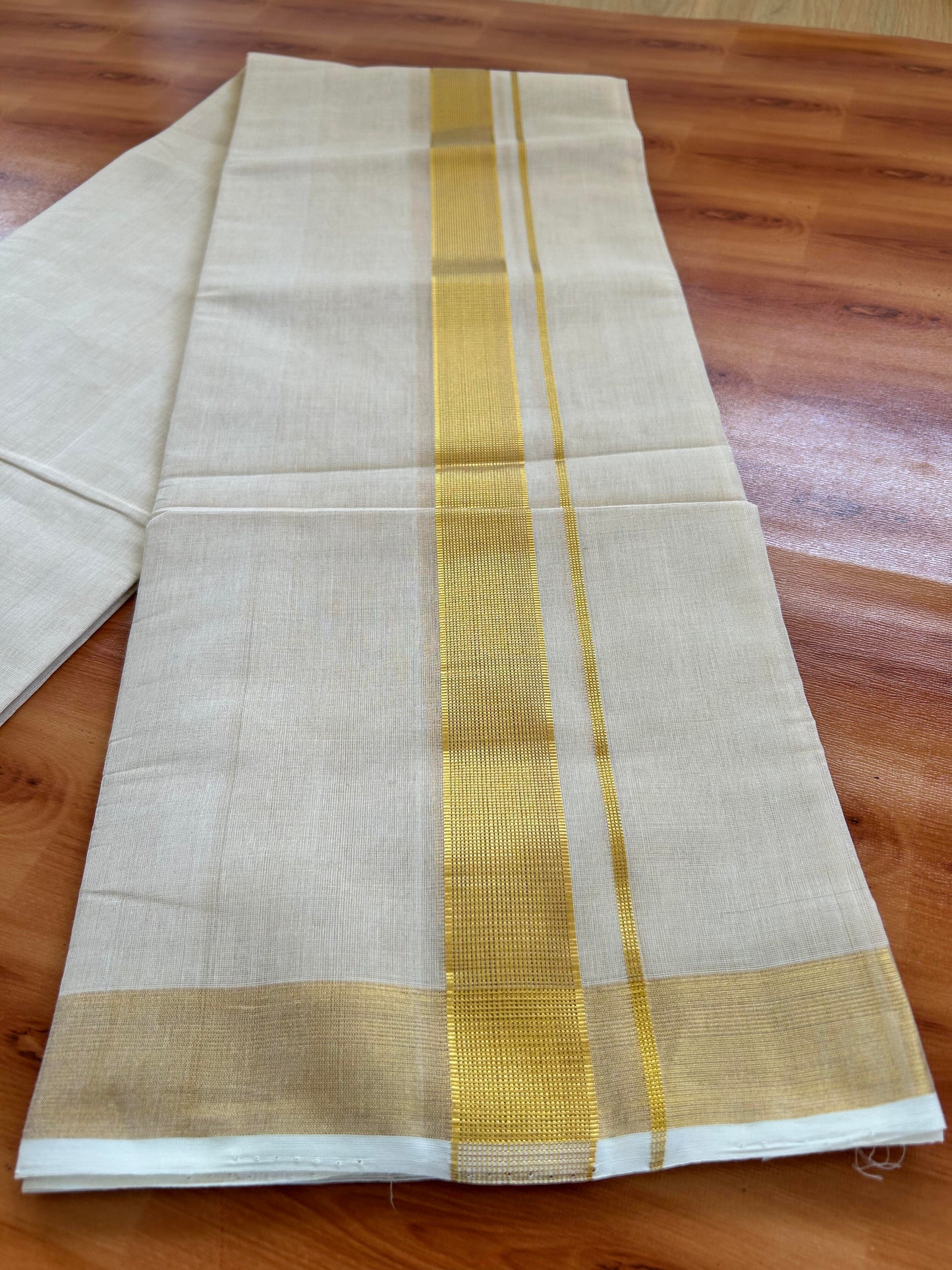 Double Off White - (Unbleached) Mundu/Dhoti -25% Discount! KaithariKada Handloom Millpaav Kerala Handloom - Pure Cotton - (80X78) - 1.5 inch Gold Kasav Kara With Tissue Body 3.75 mtr (8 Muzham) - 7 KK5402 CED