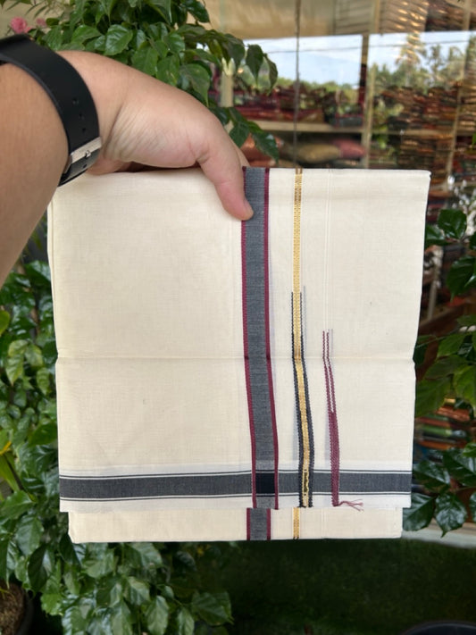 20% DISCOUNT !! KaithariKada Balaramapuram 100% Pure Cotton Double Off white - (Unbleached) Mundu/Dhoti-100x80 - 0.75 inch Puliyilakkara Gold Kasavu Wine & Black Shaded Double Chutty Kara - 22KK5186CKS