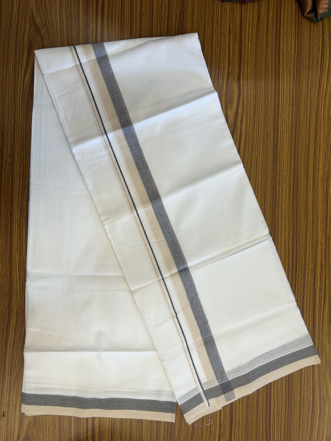 20% Discount! KaithariKada Balaramapuram 100% Cotton Double Pure white Mundu/Dhoti - 100X80 - 1.25 inch Sand Brown & Navy Blue Shaded Stripes kara - 4 mtr ( 8.5 muzham) - 106 KK5341 VIN