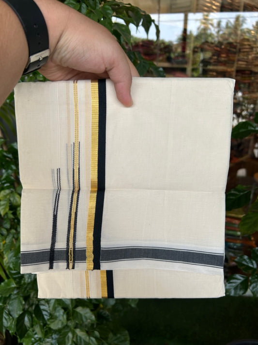 20% DISCOUNT !! KaithariKada Balaramapuram 100% Pure Cotton Double Off white - (Unbleached) Mundu/Dhoti-100x80 - 0.75 inch Puliyilakkara Gold Kasavu & Black Double Chutty Kara - 21KK5186CKS
