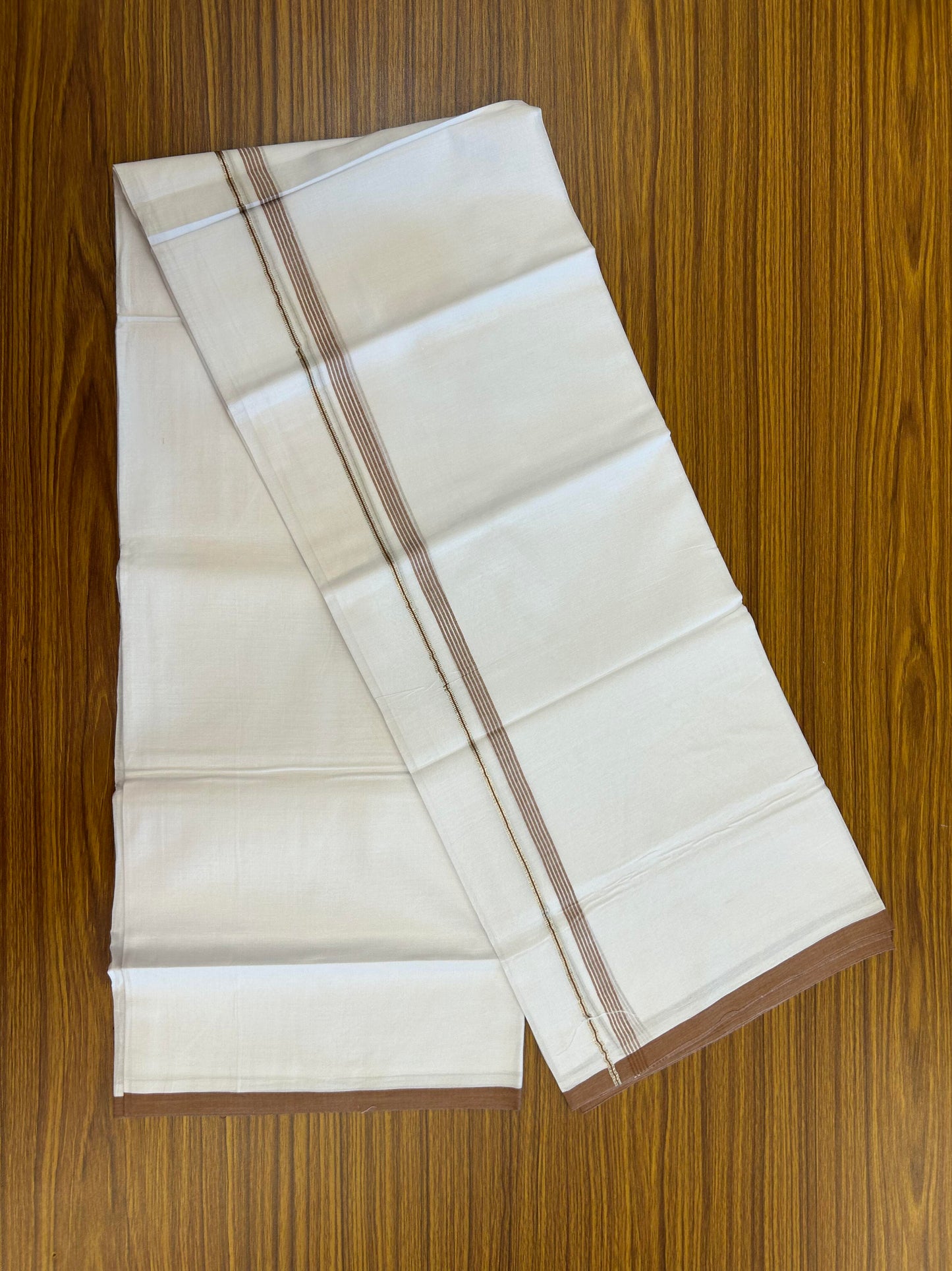 20% Discount ! KaithariKada Balaramapuram 100% Cotton Pure white Double Mundu/Dhoti - 100x80 - 0.5 inch Silver Kasav & Brown shaded striped Kara Between 3.78 - 3.90 m (8 muzham) - 102 KK5363 VIN