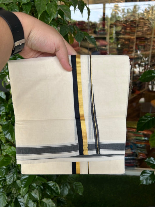 20% DISCOUNT !! KaithariKada Balaramapuram 100% Pure Cotton Double Off white - (Unbleached) Mundu/Dhoti-100x80 - 0.75 inch Puliyilakkara Gold Kasavu & Black Chutty Kara - 20KK5186CKS