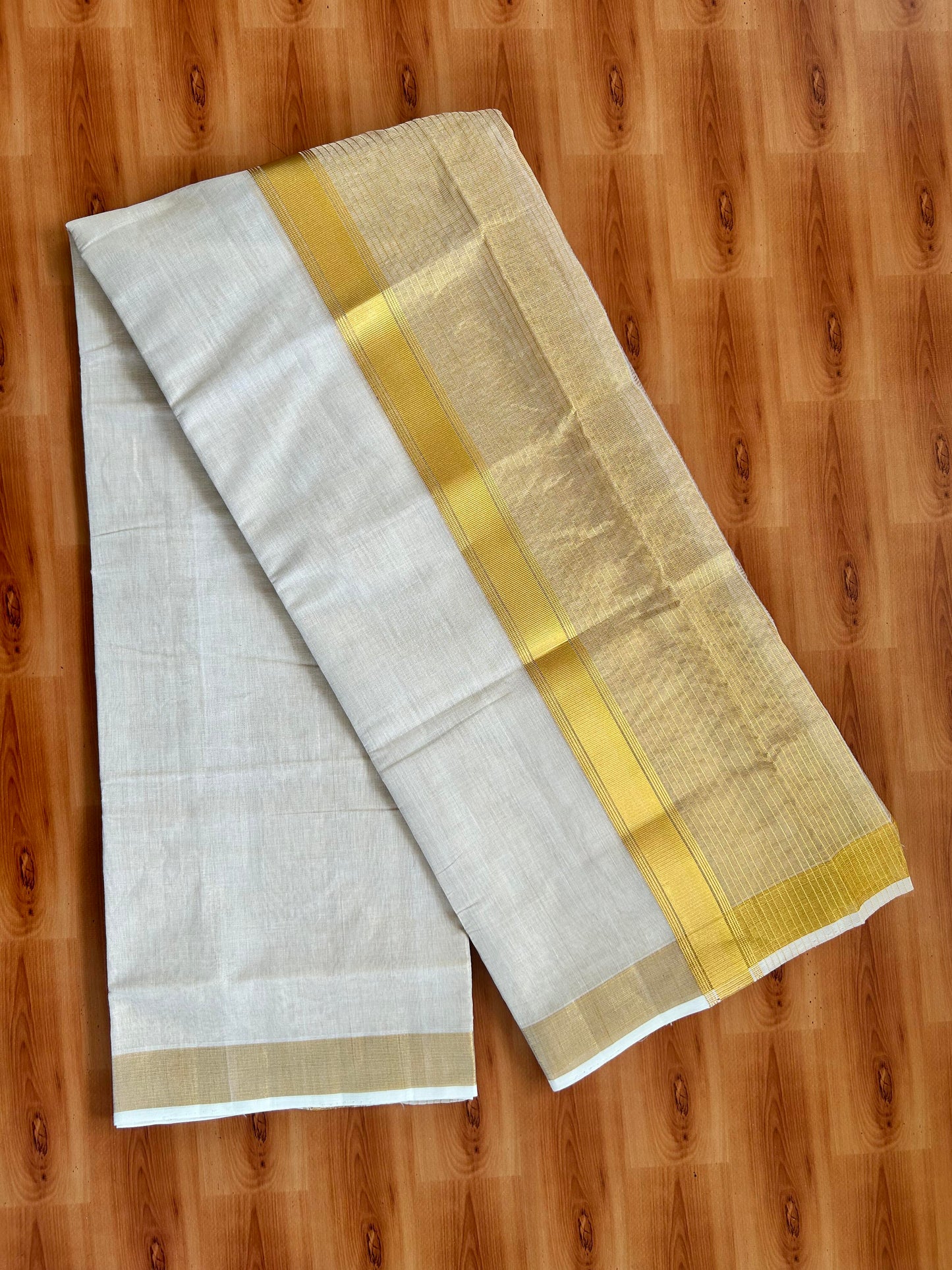 Double Off White - (Unbleached) Mundu/Dhoti -25% Discount! KaithariKada Handloom Millpaav Kerala Handloom - Pure Cotton - (80X78) - 6.5 inch Gold Kasav Tissue Striped Kara With Tissue Body 3.75 mtr (8 Muzham) - 3 KK5402 CED