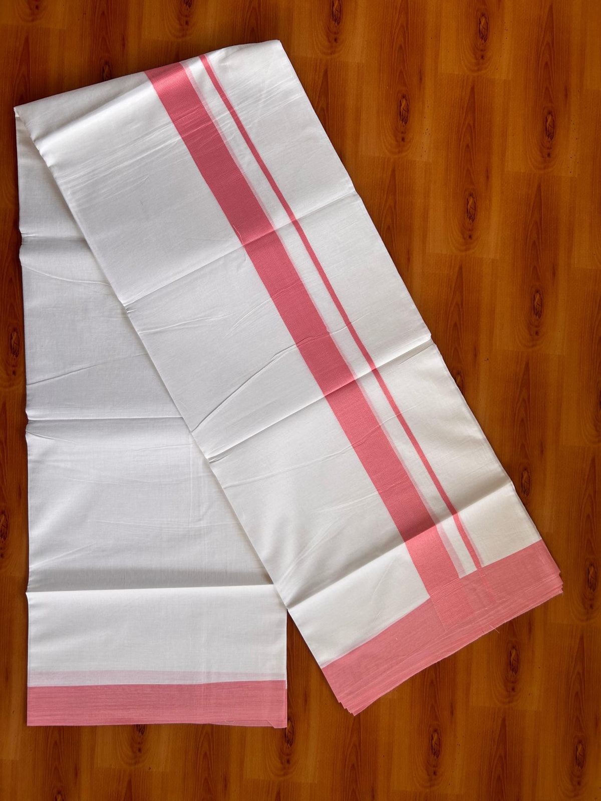 Pure White Double Mundu/Dhoti - 20% Discount ! Kaitharikada Pure Cotton - 100x80 - 1.5 inch pink Kara 3.80 mtr (8 muzham) - 16 KK5523 MC