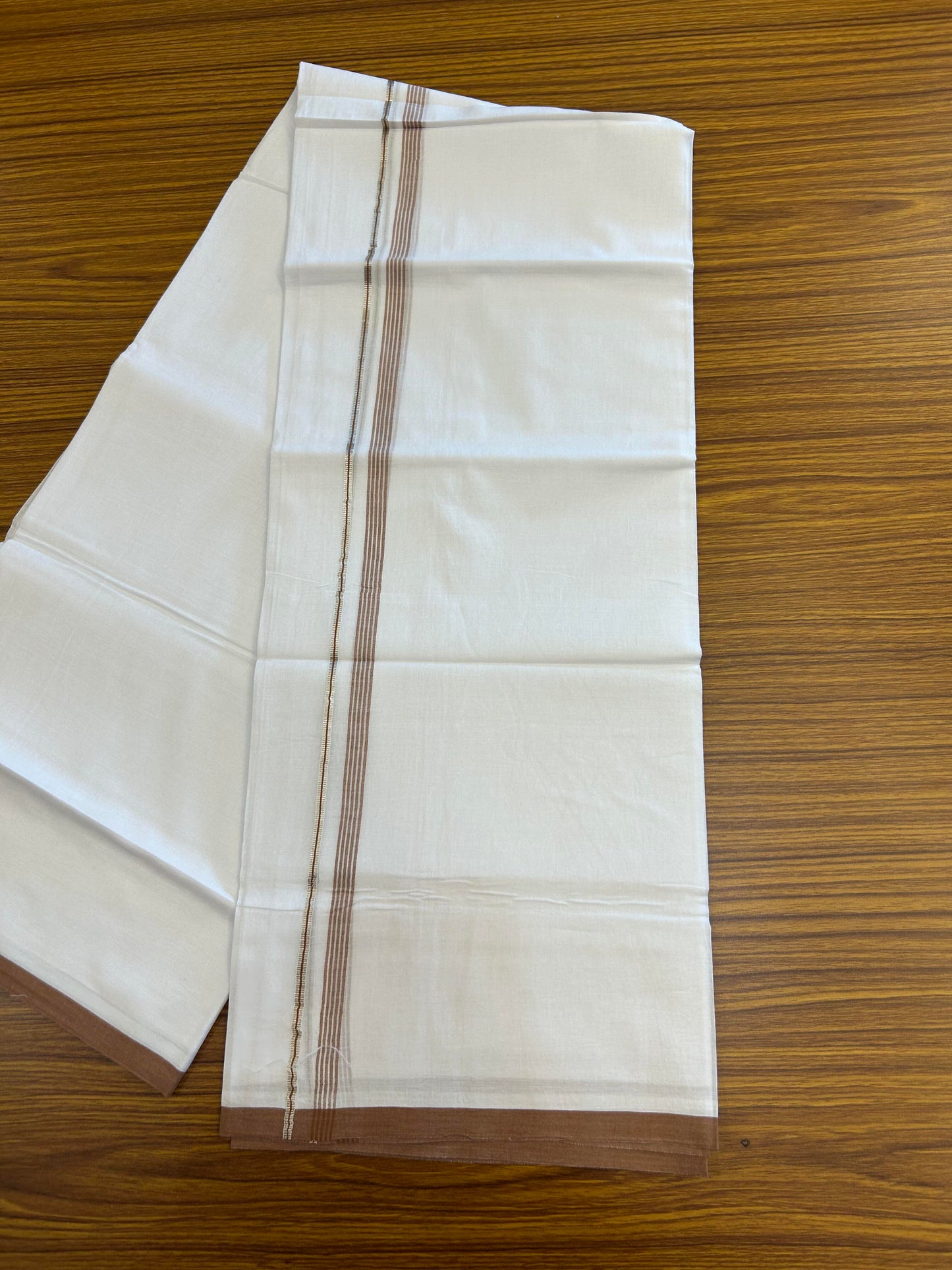 20% Discount ! KaithariKada Balaramapuram 100% Cotton Pure white Double Mundu/Dhoti - 100x80 - 0.5 inch Silver Kasav & Brown shaded striped Kara Between 3.78 - 3.90 m (8 muzham) - 102 KK5363 VIN