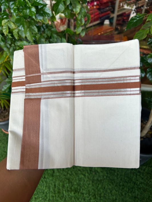 20% DISCOUNT !! KaithariKada Balaramapuram 100% Pure Cotton Double Off white - (Unbleached) Mundu/Dhoti-100x100 - 1.5 inch Puliyilakkara Silver Kasavu Brown Shaded Stripes Kara - 34KK5186CKS
