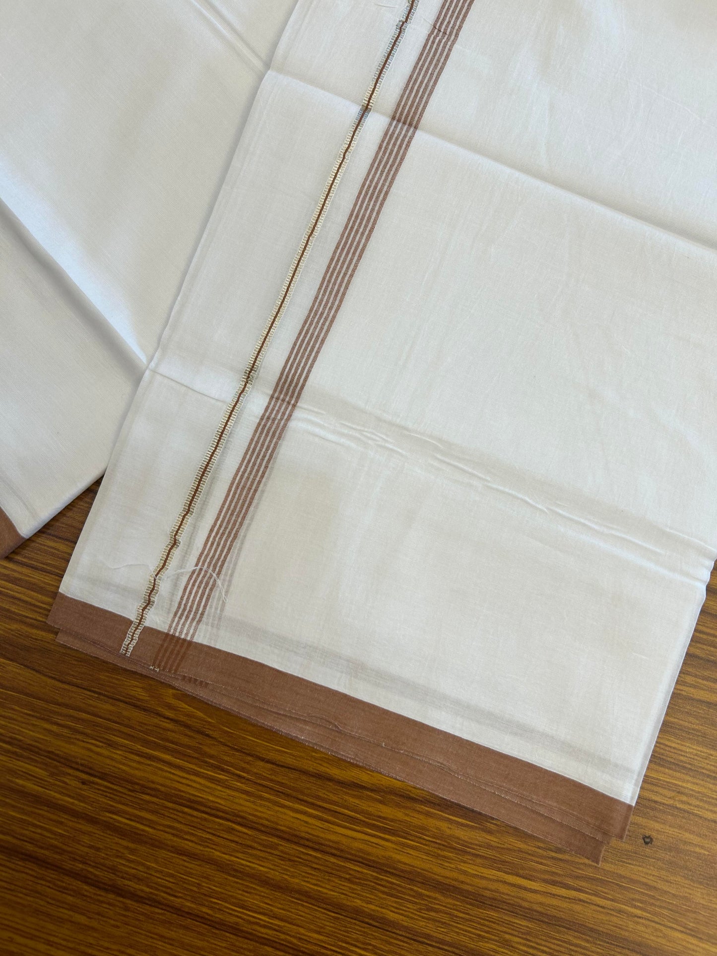 20% Discount ! KaithariKada Balaramapuram 100% Cotton Pure white Double Mundu/Dhoti - 100x80 - 0.5 inch Silver Kasav & Brown shaded striped Kara Between 3.78 - 3.90 m (8 muzham) - 102 KK5363 VIN