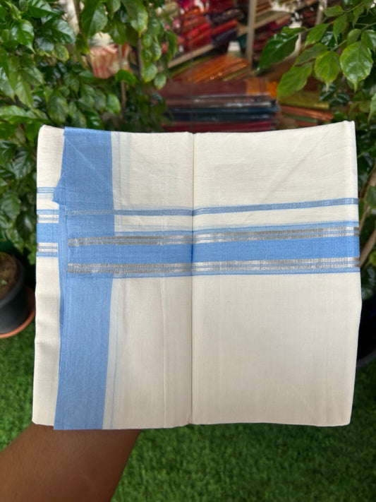 20% DISCOUNT !! KaithariKada Balaramapuram 100% Pure Cotton Double Off white - (Unbleached) Mundu/Dhoti-100x100 - 1.5 inch Puliyilakkara Silver Kasavu Light Blue Shaded Stripes Kara - 33KK5186CKS