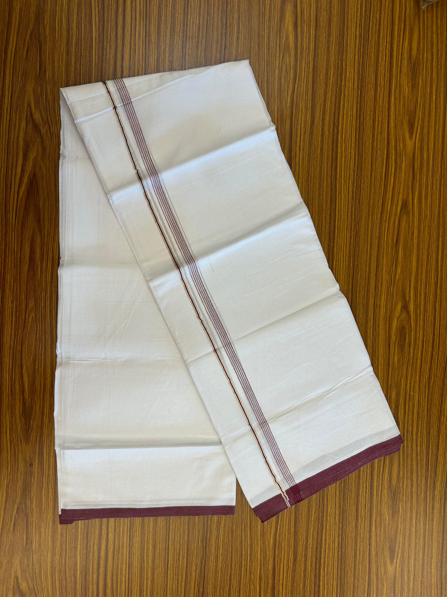 20% Discount ! KaithariKada Balaramapuram 100% Cotton Pure white Double Mundu/Dhoti - 100x80 - 0.5 inch Silver Kasav & Maroon shaded striped Kara Between 3.78 - 3.90 m (8 muzham) - 99 KK5363 VIN