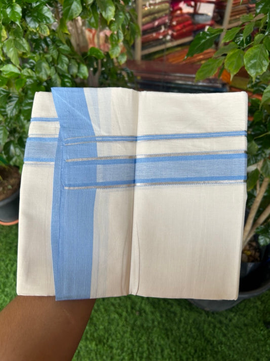 20% DISCOUNT !! KaithariKada Balaramapuram 100% Pure Cotton Double Off white - (Unbleached) Mundu/Dhoti-100x100 - 1.5 inch Puliyilakkara Silver Kasavu Light Blue Shaded Stripes Kara - 32KK5186CKS