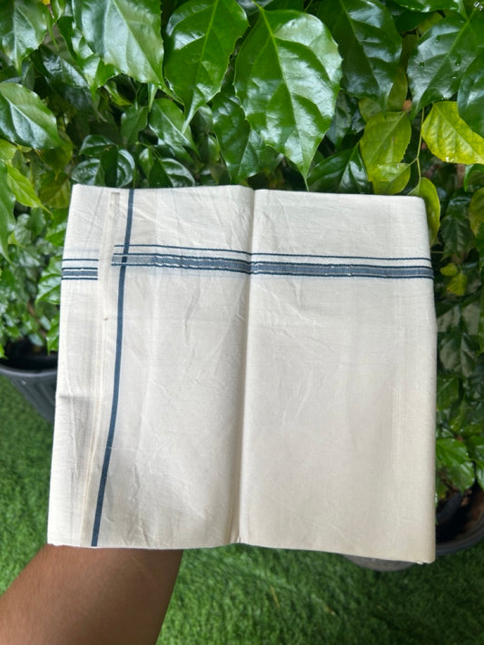 24% Discount !! KaithariKada Balaramapuram 100% Cotton OFF WHITE (Unbleached) Single Mundu/Dhoti - Twisted 60s Thread - 1 cm Silver Kasavu Peacock Blue Kara (2 meter / 4 muzham) - 12KK5236 GL