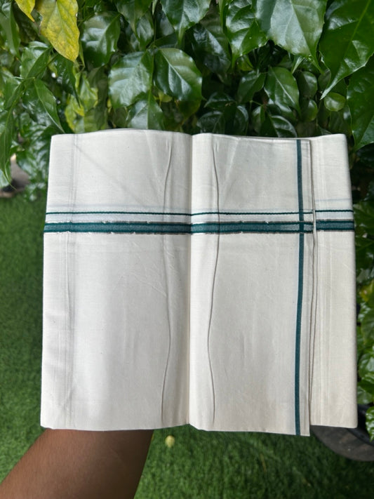 24% Discount !! KaithariKada Balaramapuram 100% Cotton OFF WHITE (Unbleached) Single Mundu/Dhoti - Twisted 60s Thread - 1 cm Silver Kasavu & Green Blue Kara (2 meter / 4 muzham) - 1KK5236 GL