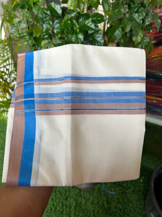 20% DISCOUNT !! KaithariKada Balaramapuram 100% Pure Cotton Double Off white - (Unbleached) Mundu/Dhoti-100x100 - 1.5 inch Puliyilakkara Silver Kasavu Blue & Brown Shaded Stripes Kara - 30KK5186CKS