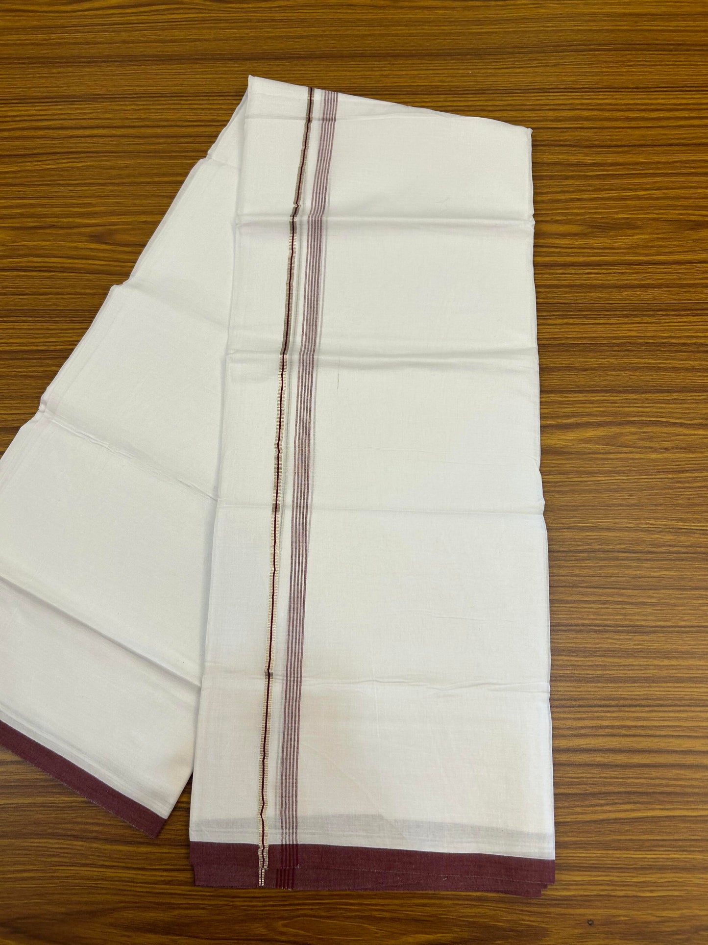 20% Discount ! KaithariKada Balaramapuram 100% Cotton Pure white Double Mundu/Dhoti - 100x80 - 0.5 inch Silver Kasav & Maroon shaded striped Kara Between 3.78 - 3.90 m (8 muzham) - 99 KK5363 VIN