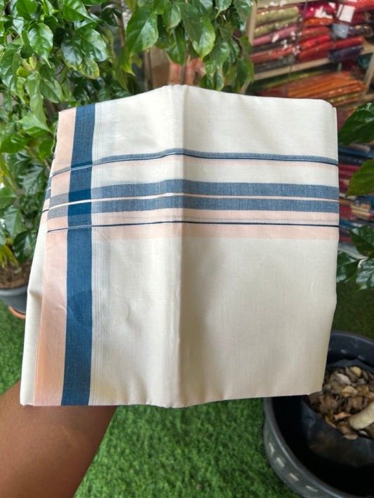 20% DISCOUNT !! KaithariKada Balaramapuram 100% Pure Cotton Double Off white - (Unbleached) Mundu/Dhoti-100x100 - 1.5 inch Puliyilakkara Silver Kasavu Light Peach & Peacock Blue Shaded Stripes Kara - 31KK5186CKS