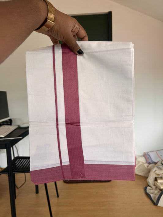 Pure White Double Mundu/Dhoti - 20% Discount ! Kaitharikada Pure Cotton - 100x80 - 1.5 inch Pestel Maroon Kara 3.80 mtr (8 muzham) - 18 KK5523 MC