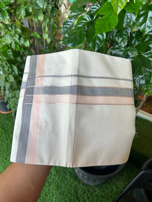 20% DISCOUNT !! KaithariKada Balaramapuram 100% Pure Cotton Double Off white - (Unbleached) Mundu/Dhoti-100x100 - 1.5 inch Puliyilakkara Silver Kasavu Light Peach & Grey Shaded Stripes Kara - 29KK5186CKS