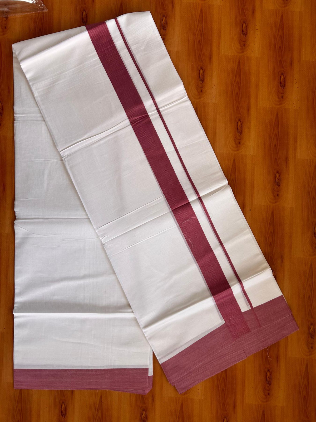 Pure White Double Mundu/Dhoti - 20% Discount ! Kaitharikada Pure Cotton - 100x80 - 1.5 inch Pestel Maroon Kara 3.80 mtr (8 muzham) - 18 KK5523 MC