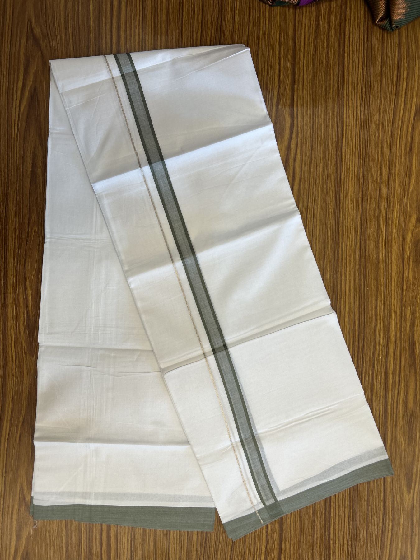 20% Discount! KaithariKada Balaramapuram 100% Cotton Double Pure white Mundu/Dhoti- 100X80 - 0.75 inch Silver Kasav & Sage Green kara - 4 mtr ( 8.5 muzham) - 22 KK5341 VIN