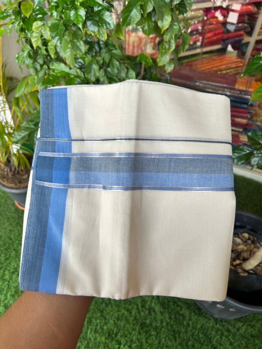 20% DISCOUNT !! KaithariKada Balaramapuram 100% Pure Cotton Double Off white - (Unbleached) Mundu/Dhoti-100x100 - 1.5 inch Puliyilakkara Silver Kasavu Blue & Navy Blue Shaded Stripes Kara - 28KK5186CKS
