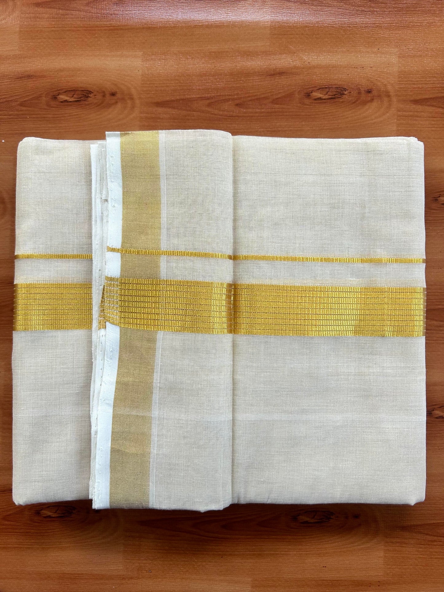 Double Off White - (Unbleached) Mundu/Dhoti -25% Discount! KaithariKada Handloom Millpaav Kerala Handloom - Pure Cotton - (80X78) - 1.5 inch Gold Kasav Striped Kara With Tissue Body 3.75 mtr (8 Muzham) - 9 KK5402 CED