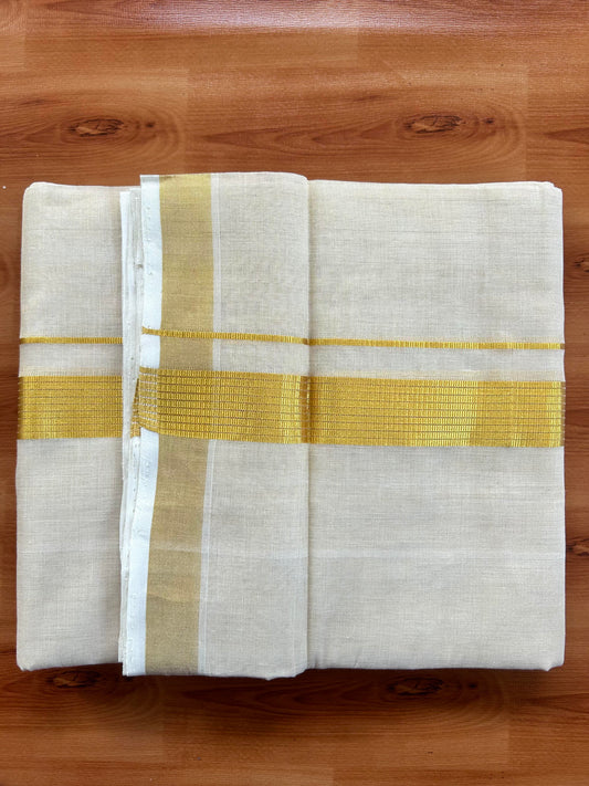 Double Off White - (Unbleached) Mundu/Dhoti -25% Discount! KaithariKada Handloom Millpaav Kerala Handloom - Pure Cotton - (80X78) - 1.5 inch Gold Kasav Striped Kara With Tissue Body 3.75 mtr (8 Muzham) - 9 KK5402 CED