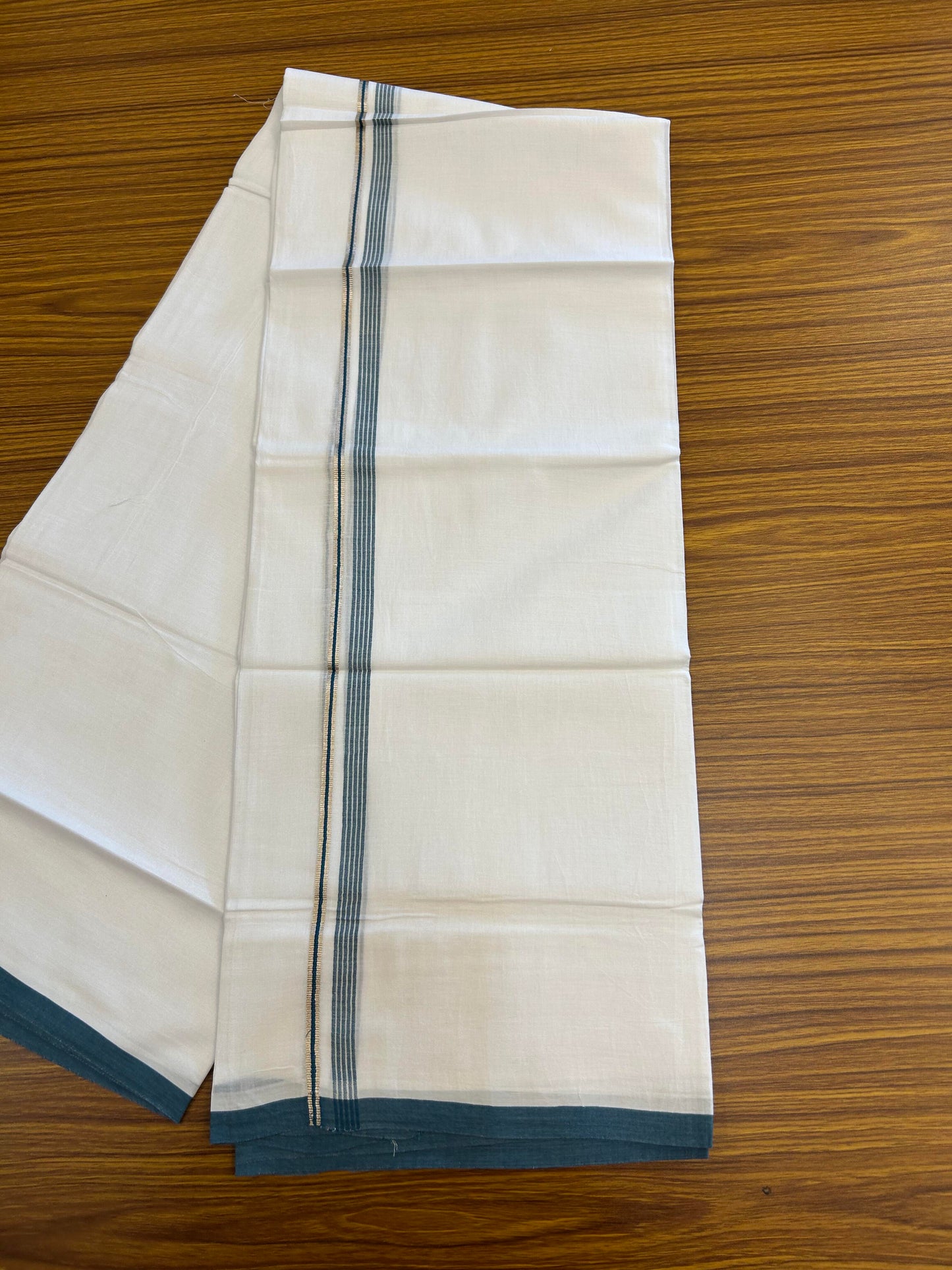 20% Discount ! KaithariKada Balaramapuram 100% Cotton Pure white Double Mundu/Dhoti - 100x80 - 0.5 inch Silver Kasav & Peacock Blue striped Kara Between 3.78 - 3.90 m (8 muzham) - 95 KK5363 VIN