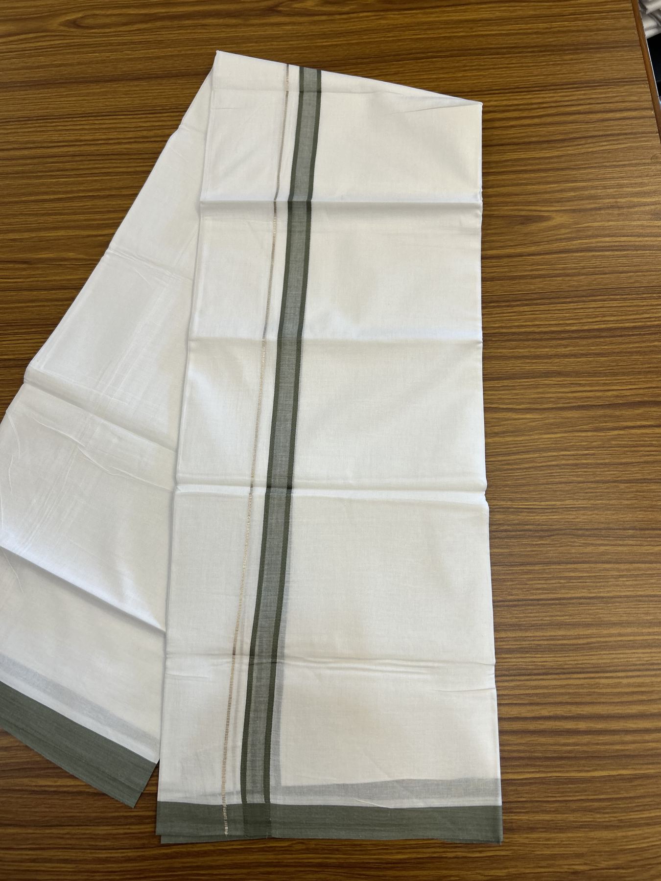 20% Discount! KaithariKada Balaramapuram 100% Cotton Double Pure white Mundu/Dhoti- 100X80 - 0.75 inch Silver Kasav & Sage Green kara - 4 mtr ( 8.5 muzham) - 22 KK5341 VIN