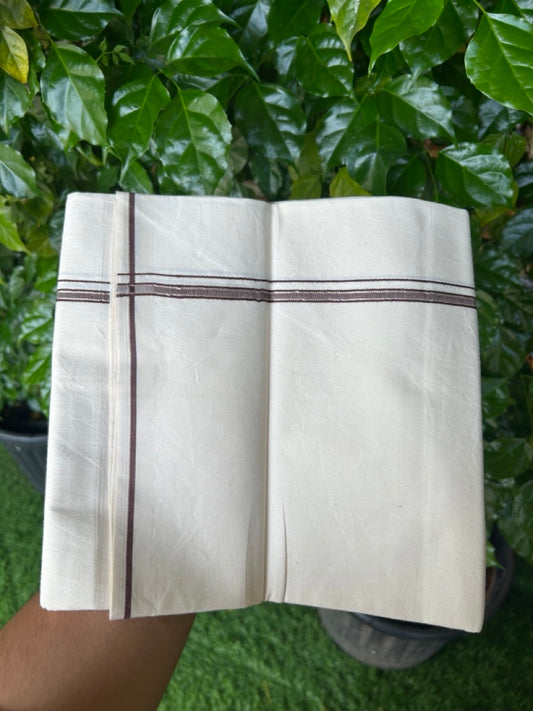 24% Discount !! KaithariKada Balaramapuram 100% Cotton OFF WHITE (Unbleached) Single Mundu/Dhoti - Twisted 60s Thread - 1 cm Silver Kasavu Brown  Kara (2 meter / 4 muzham) - 7KK5236 GL