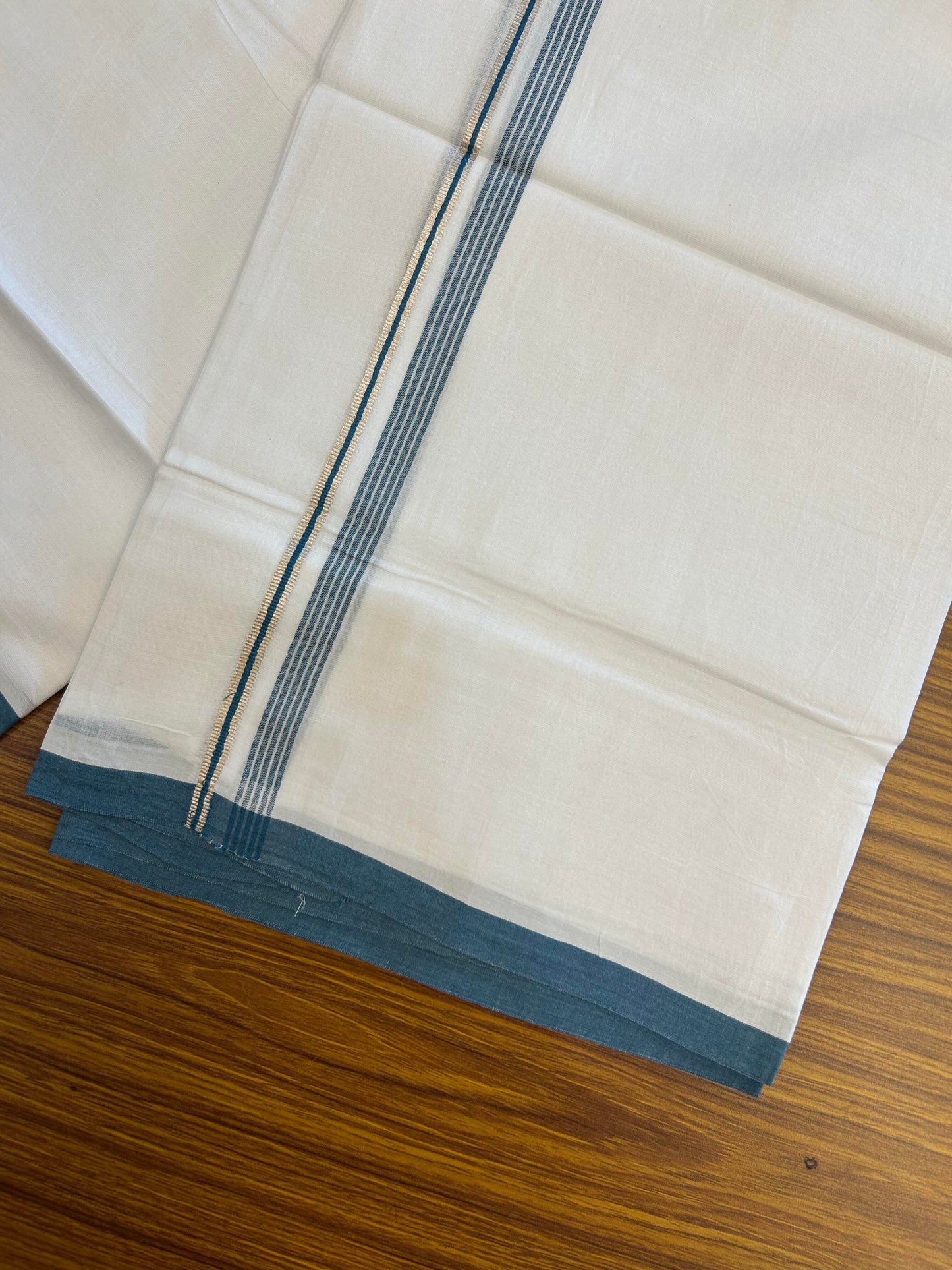 20% Discount ! KaithariKada Balaramapuram 100% Cotton Pure white Double Mundu/Dhoti - 100x80 - 0.5 inch Silver Kasav & Peacock Blue striped Kara Between 3.78 - 3.90 m (8 muzham) - 95 KK5363 VIN