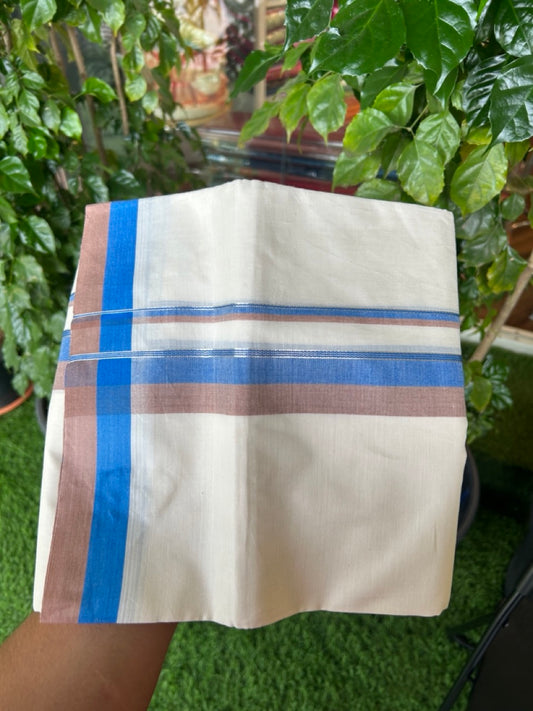 20% DISCOUNT !! KaithariKada Balaramapuram 100% Pure Cotton Double Off white - (Unbleached) Mundu/Dhoti-100x100 - 1.5 inch Puliyilakkara Silver Kasavu Blue & Brown Shaded Stripes Kara - 26KK5186CKS