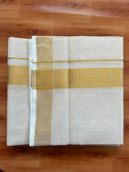 Double Off White - (Unbleached) Mundu/Dhoti -25% Discount! KaithariKada Handloom Millpaav Kerala Handloom - Pure Cotton - (80X78) - 1.5 inch Gold Kasav Striped Kara With Tissue Body 3.75 mtr (8 Muzham) - 5 KK5402 CED