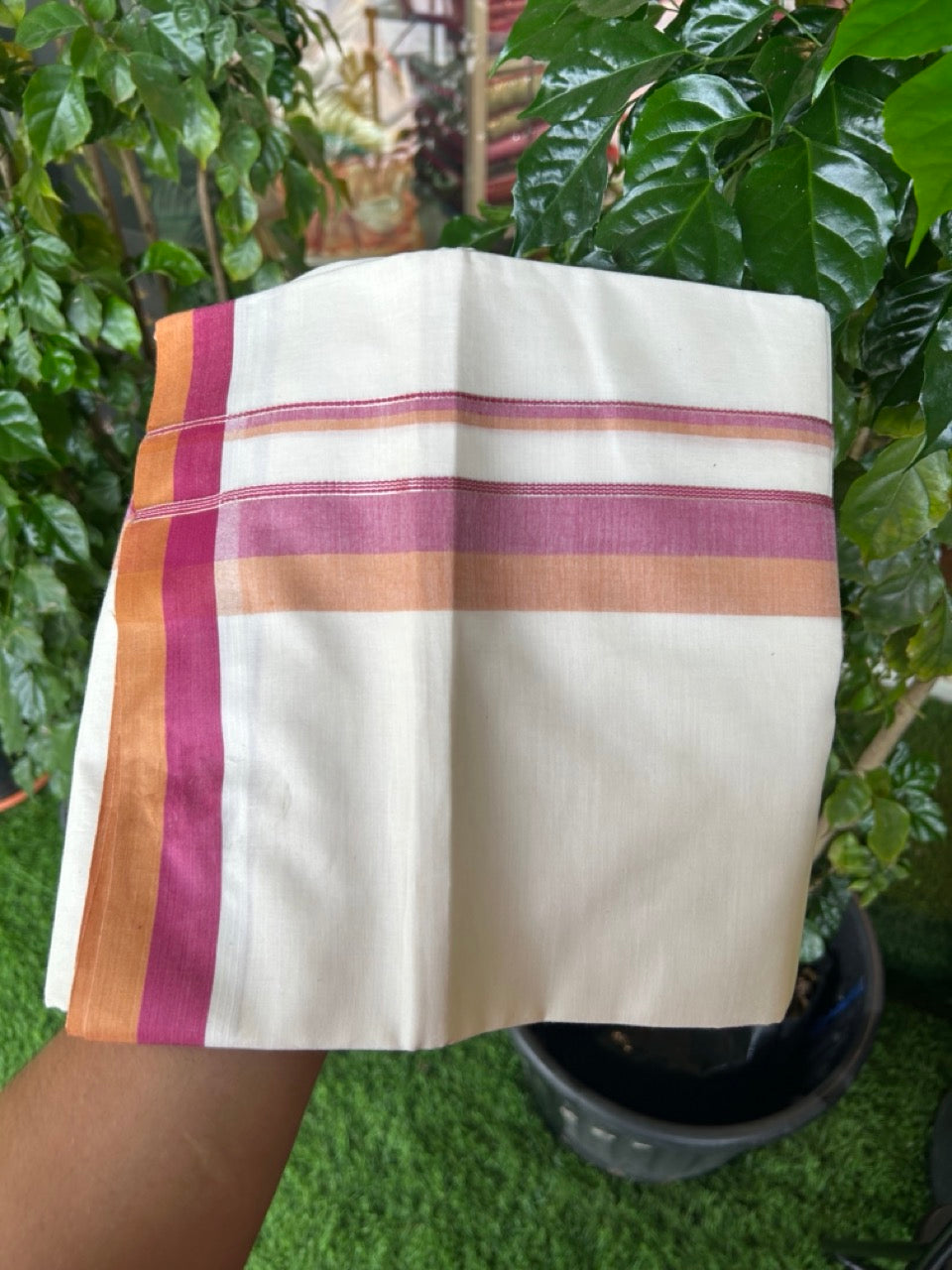 20% DISCOUNT !! KaithariKada Balaramapuram 100% Pure Cotton Double Off white - (Unbleached) Mundu/Dhoti-100x100 - 1.5 inch Puliyilakkara Silver Kasavu Mustard Yellow & Maroon Shaded Stripes Kara - 27KK5186CKS