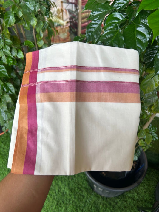 20% DISCOUNT !! KaithariKada Balaramapuram 100% Pure Cotton Double Off white - (Unbleached) Mundu/Dhoti-100x100 - 1.5 inch Puliyilakkara Silver Kasavu Mustard Yellow & Maroon Shaded Stripes Kara - 27KK5186CKS