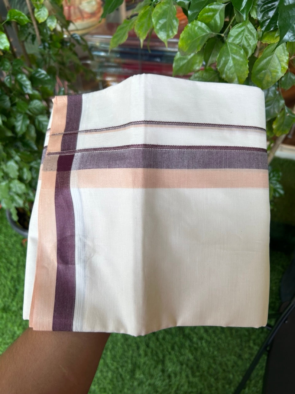 20% DISCOUNT !! KaithariKada Balaramapuram 100% Pure Cotton Double Off white - (Unbleached) Mundu/Dhoti-100x100 - 1.5 inch Puliyilakkara Silver Kasavu Wine Purple & Cream Shaded Stripes Kara - 25KK5186CKS
