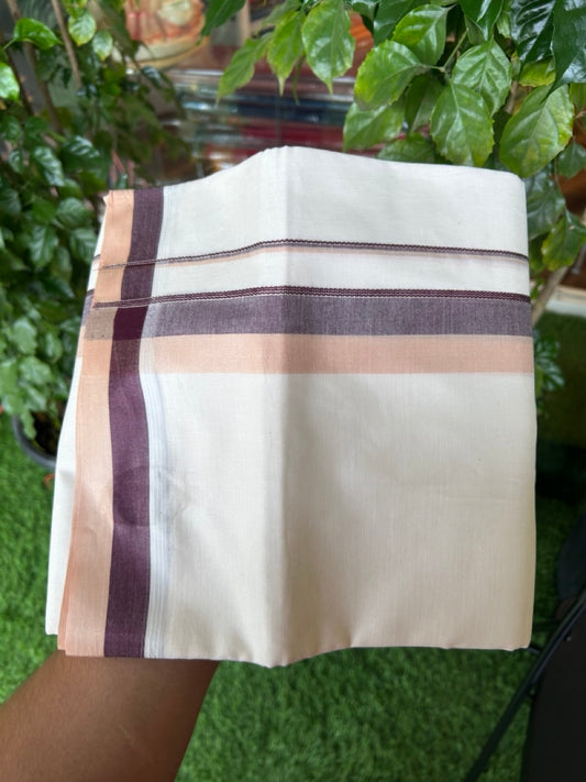 20% DISCOUNT !! KaithariKada Balaramapuram 100% Pure Cotton Double Off white - (Unbleached) Mundu/Dhoti-100x100 - 1.5 inch Puliyilakkara Silver Kasavu Wine Purple & Cream Shaded Stripes Kara - 25KK5186CKS
