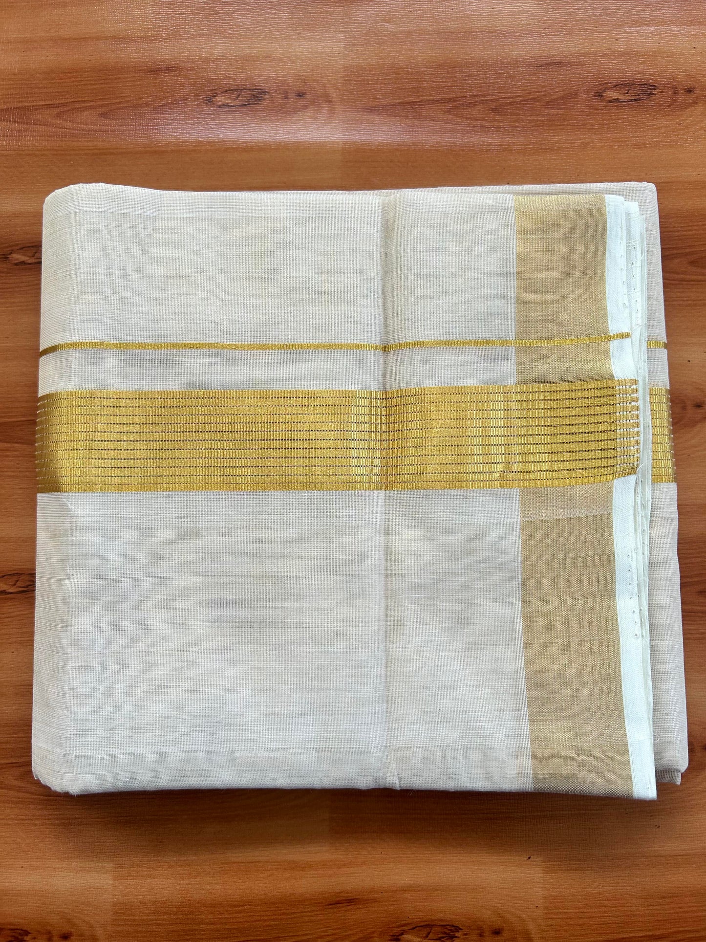 Double Off White - (Unbleached) Mundu/Dhoti -25% Discount! KaithariKada Handloom Millpaav Kerala Handloom - Pure Cotton - (80X78) - 1.5 inch Gold Kasav Striped Kara With Tissue Body 3.75 mtr (8 Muzham) - 8 KK5402 CED