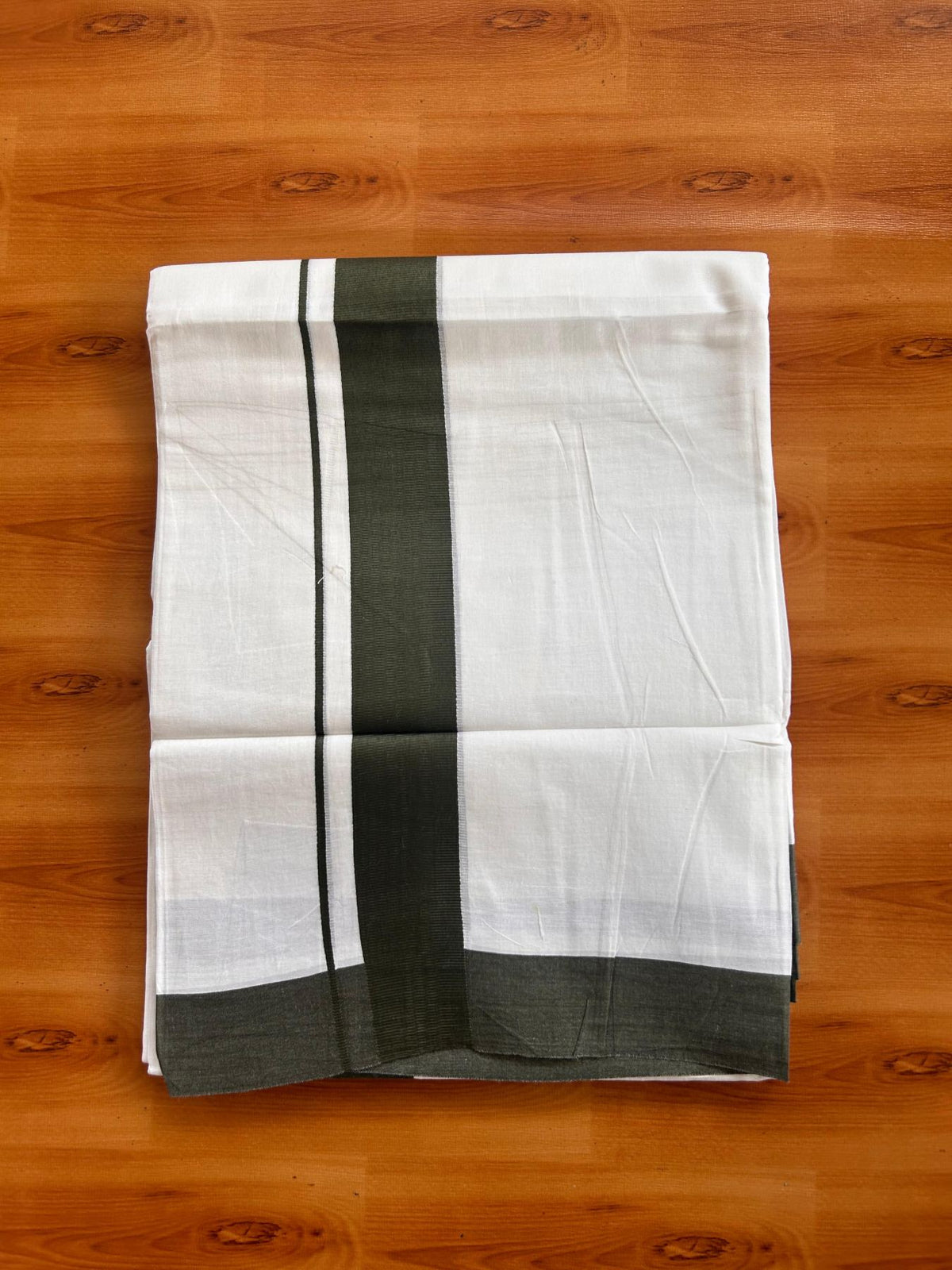 Pure White Double Mundu/Dhoti - 20% Discount ! Kaitharikada Pure Cotton - 100x80 - 1.5 inch Sea Weed Green Kara 3.80 mtr (8 muzham) - 21 KK5523 MC