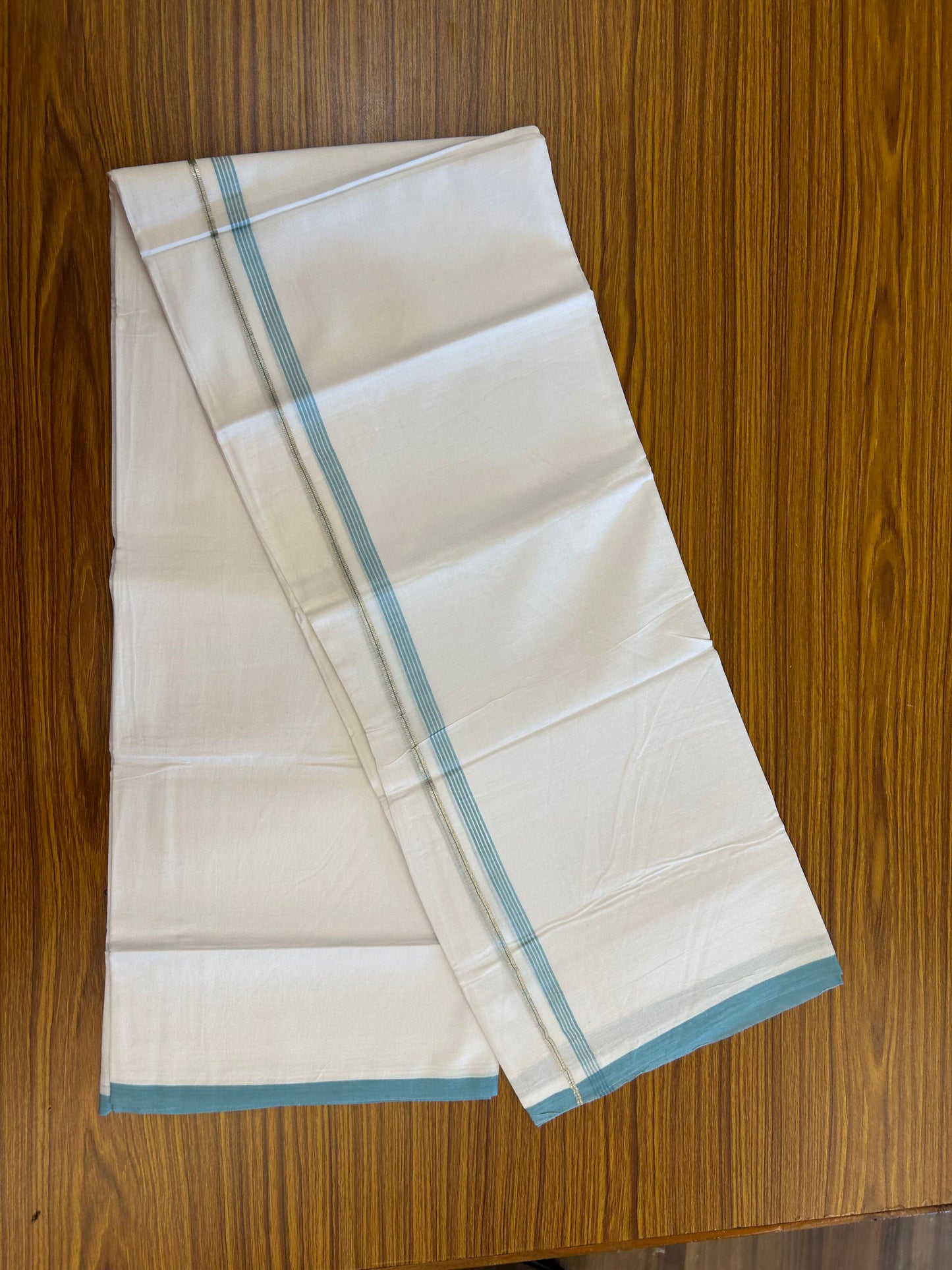 20% Discount ! KaithariKada Balaramapuram 100% Cotton Pure white Double Mundu/Dhoti - 100x80 - 0.5 inch Silver Kasav & Cyan Blue striped Kara Between 3.78 - 3.90 m (8 muzham) - 96 KK5363 VIN