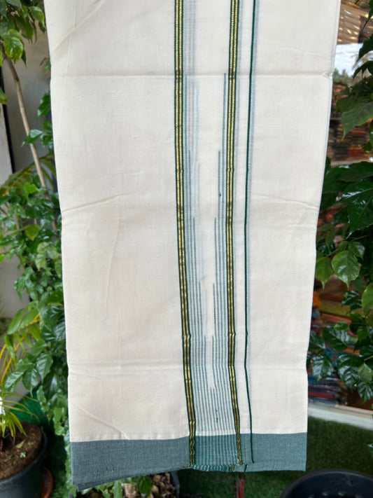 20% DISCOUNT !! KaithariKada Balaramapuram 100% Pure Cotton Double Off white - (Unbleached) Mundu/Dhoti-100x80 - 2 inch Puliyilakkara Gold Kasavu & Dark green Shaded Stripes Chutty Kara - 24KK5186CKS