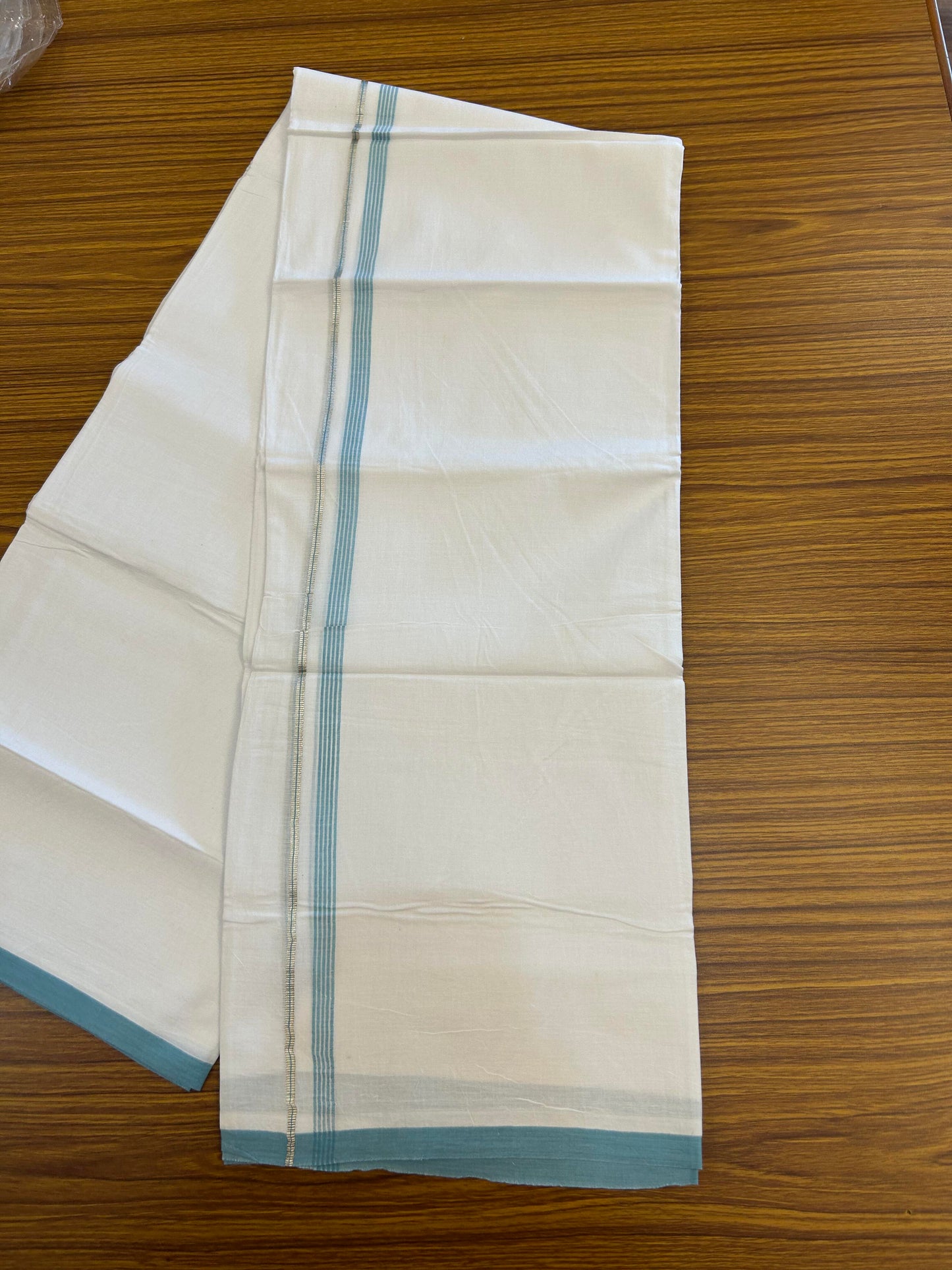 20% Discount ! KaithariKada Balaramapuram 100% Cotton Pure white Double Mundu/Dhoti - 100x80 - 0.5 inch Silver Kasav & Cyan Blue striped Kara Between 3.78 - 3.90 m (8 muzham) - 96 KK5363 VIN