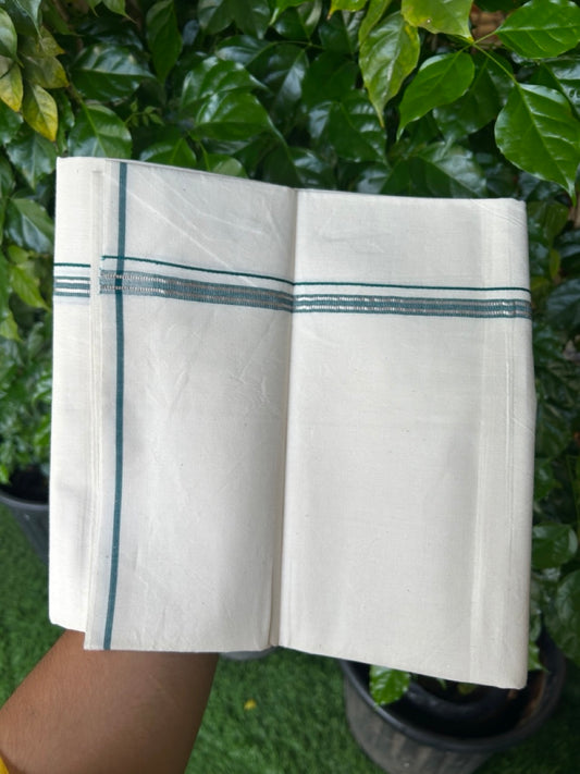 24% Discount !! KaithariKada Balaramapuram 100% Cotton OFF WHITE (Unbleached) Single Mundu/Dhoti - Twisted 60s Thread - 1 cm Silver Kasavu Green shaded Kara (2 meter / 4 muzham) - 8KK5236 GL