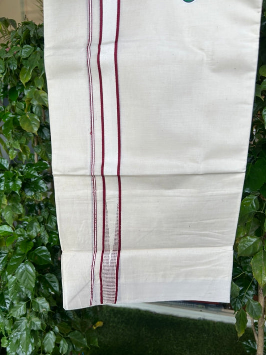 20% Discount ! Kaitharikada Balaramapuram 100% Cotton Double Off white (Unbleached) Mundu/Dhoti - 100x80 - 0.75 inch Maroon Stripes Chutty Kara - 14KK5186CKS