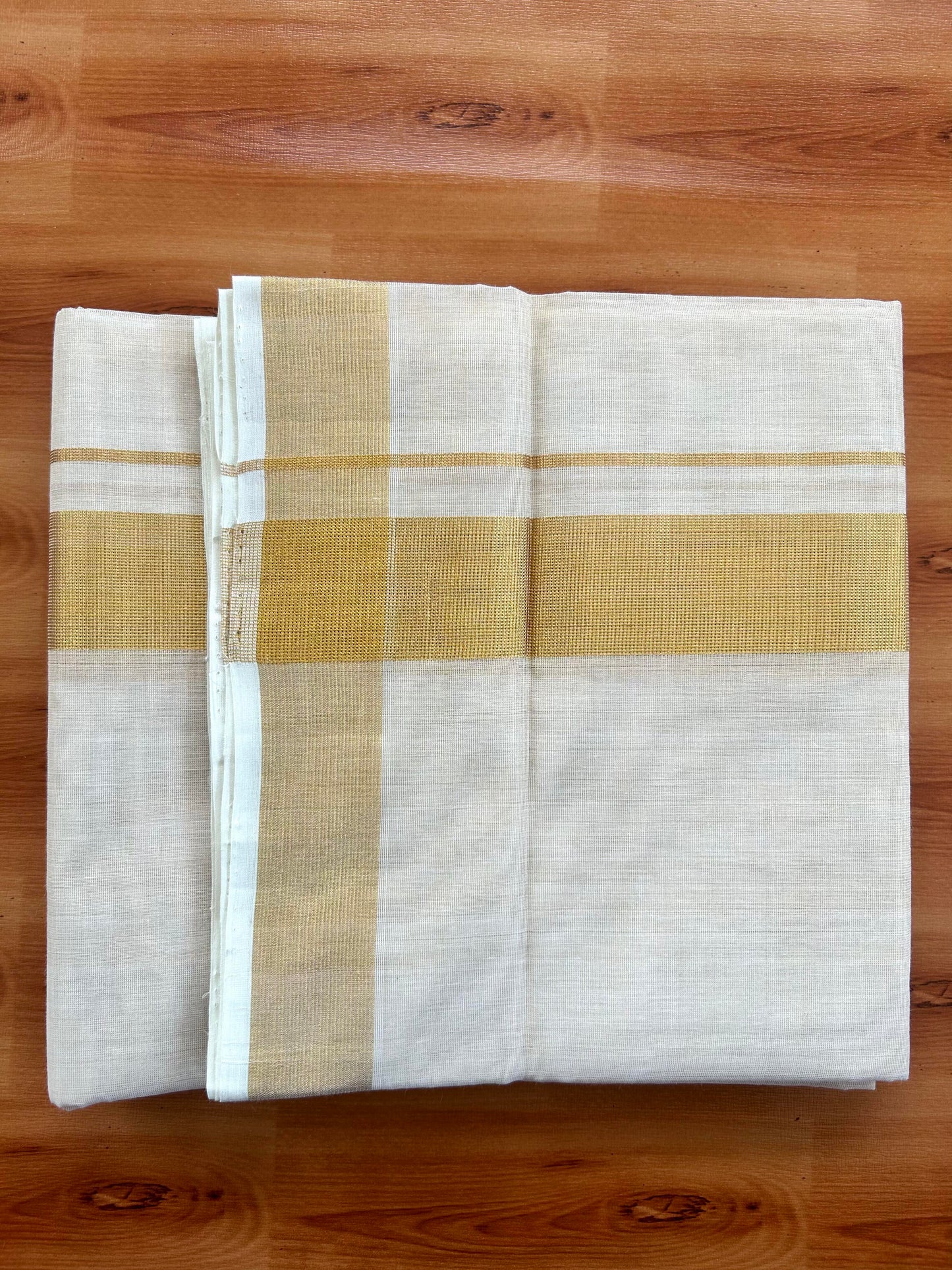 Double Off White - (Unbleached) Mundu/Dhoti -25% Discount! KaithariKada Handloom Millpaav Kerala Handloom - Pure Cotton - (80X78) - 1.5 inch Gold Kasav Kara With Tissue Body 3.75 mtr (8 Muzham) - 6 KK5402 CED