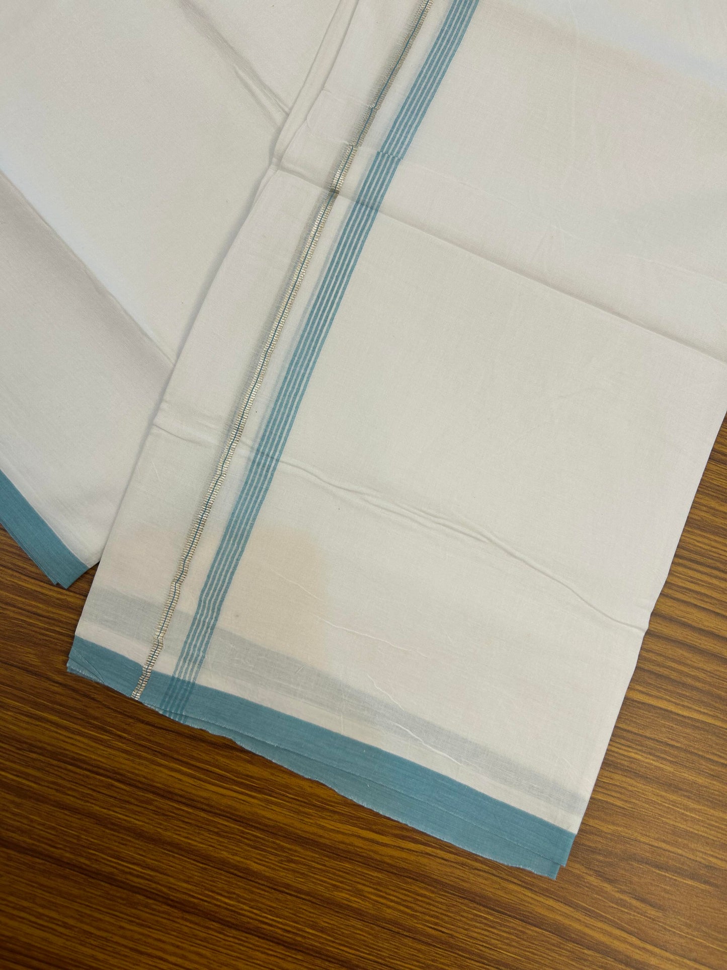 20% Discount ! KaithariKada Balaramapuram 100% Cotton Pure white Double Mundu/Dhoti - 100x80 - 0.5 inch Silver Kasav & Cyan Blue striped Kara Between 3.78 - 3.90 m (8 muzham) - 96 KK5363 VIN