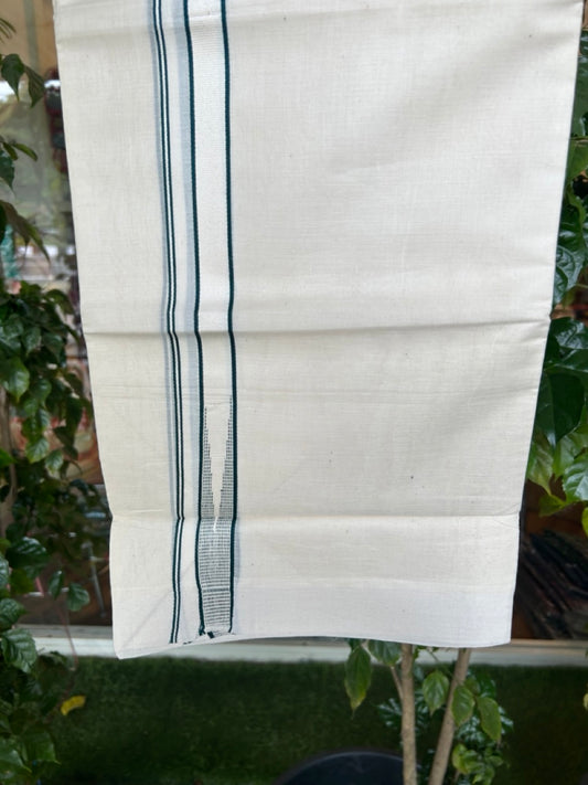 20% Discount ! Kaitharikada Balaramapuram 100% Cotton Double Off white (Unbleached) Mundu/Dhoti - 100x80 - 0.75 inch Dark Green Stripes Chutty Kara - 13KK5186CKS