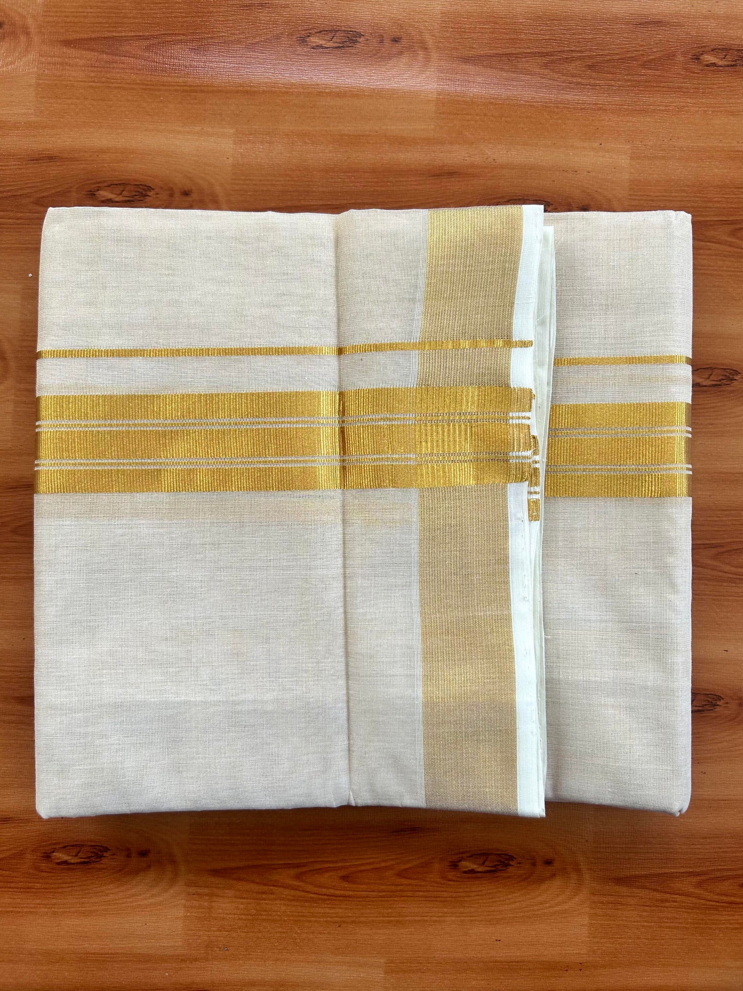 Double Off White - (Unbleached) Mundu/Dhoti -25% Discount! KaithariKada Handloom Millpaav Kerala Handloom - Pure Cotton - (80X78) - 1.5 inch Gold Kasav Striped Kara With Tissue Body 3.75 mtr (8 Muzham) - 11 KK5402 CED
