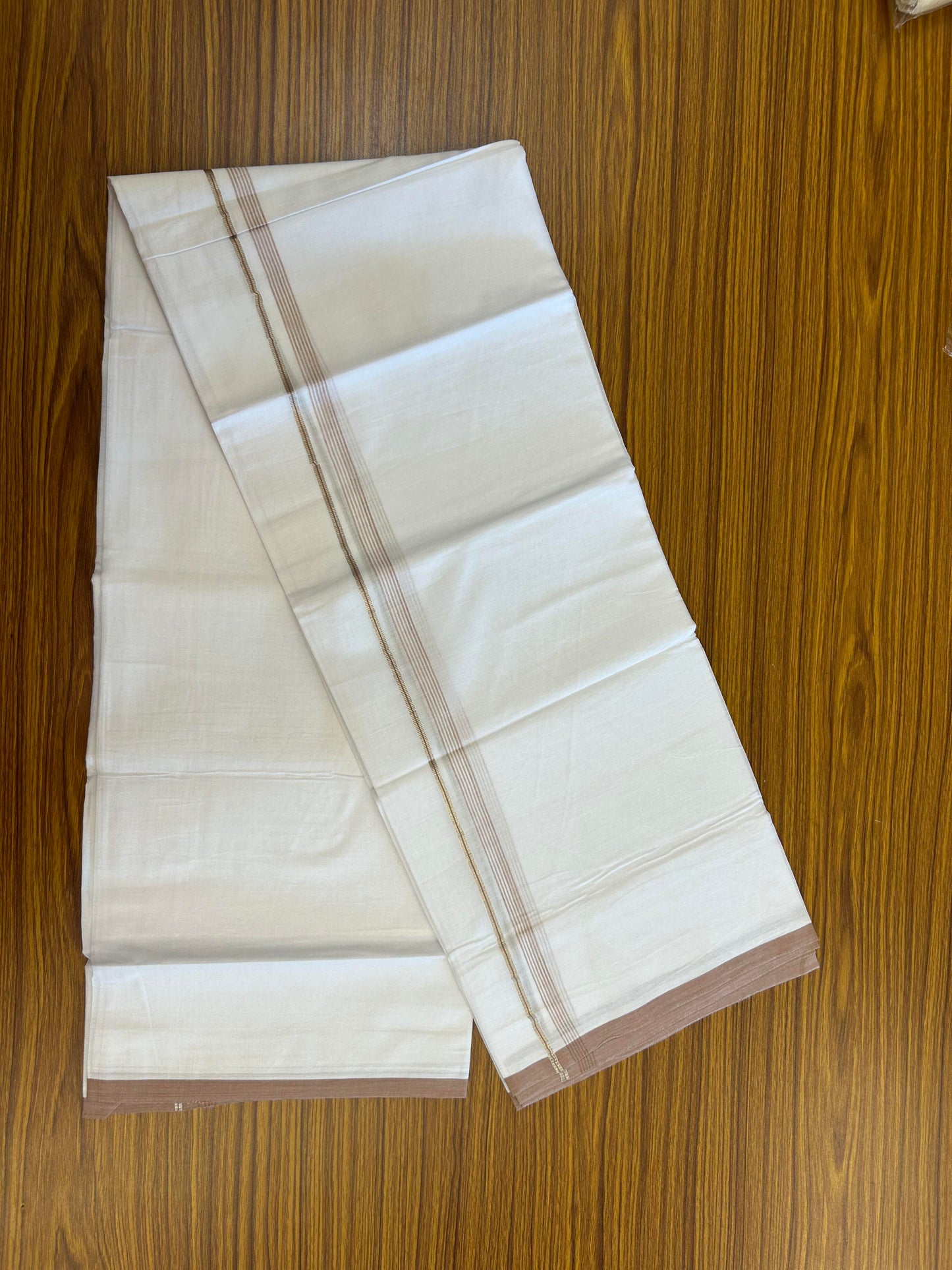 20% Discount ! KaithariKada Balaramapuram 100% Cotton Pure white Double Mundu/Dhoti - 100x80 - 0.5 inch Silver Kasav & Dusty Peach shaded striped Kara 3.78 m - 3.90 m (8 muzham) - 101 KK5363 VIN