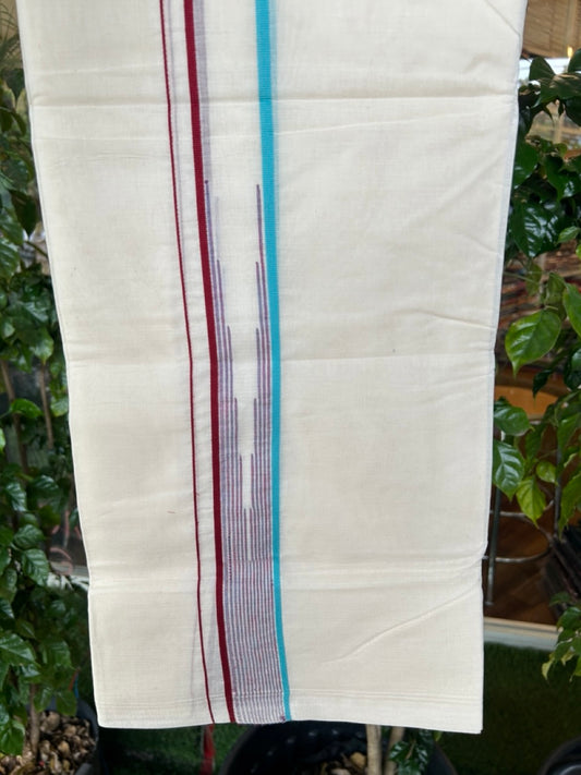 20% Discount ! Kaitharikada Balaramapuram 100% Cotton Double Off white (Unbleached) Mundu/Dhoti - 100x80 - 1.5 inch Turquoise Blue & Maroon Stripes Chutty Kara - 12KK5186CKS