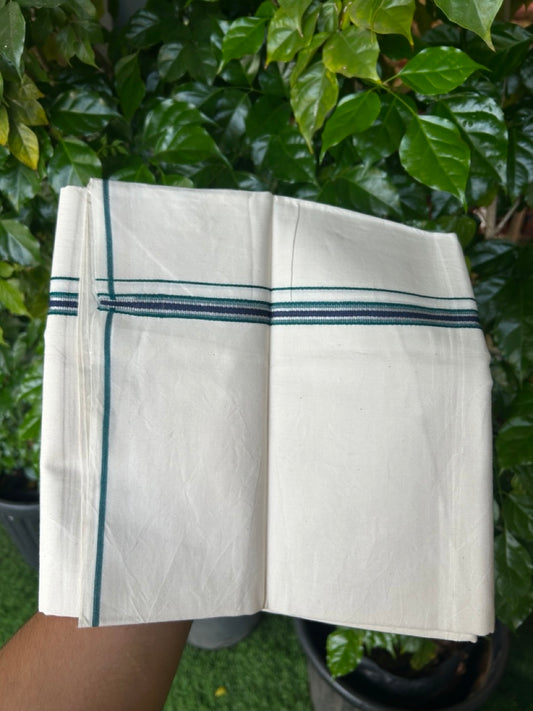 24% Discount !! KaithariKada Balaramapuram 100% Cotton OFF WHITE (Unbleached) Single Mundu/Dhoti - Twisted 60s Thread - 1.5 cm Silver Kasavu Green & Navy Blue Kara (2 meter / 4 muzham) - 2KK5236 GL